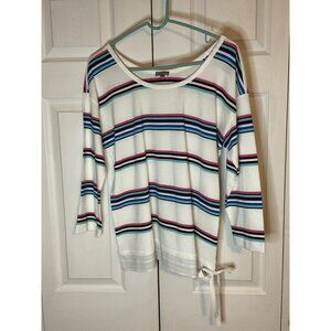 T By Talbots White Stripe Tie Waist 3/4 Sleeve Top 100%‎ Cotton Size Medium